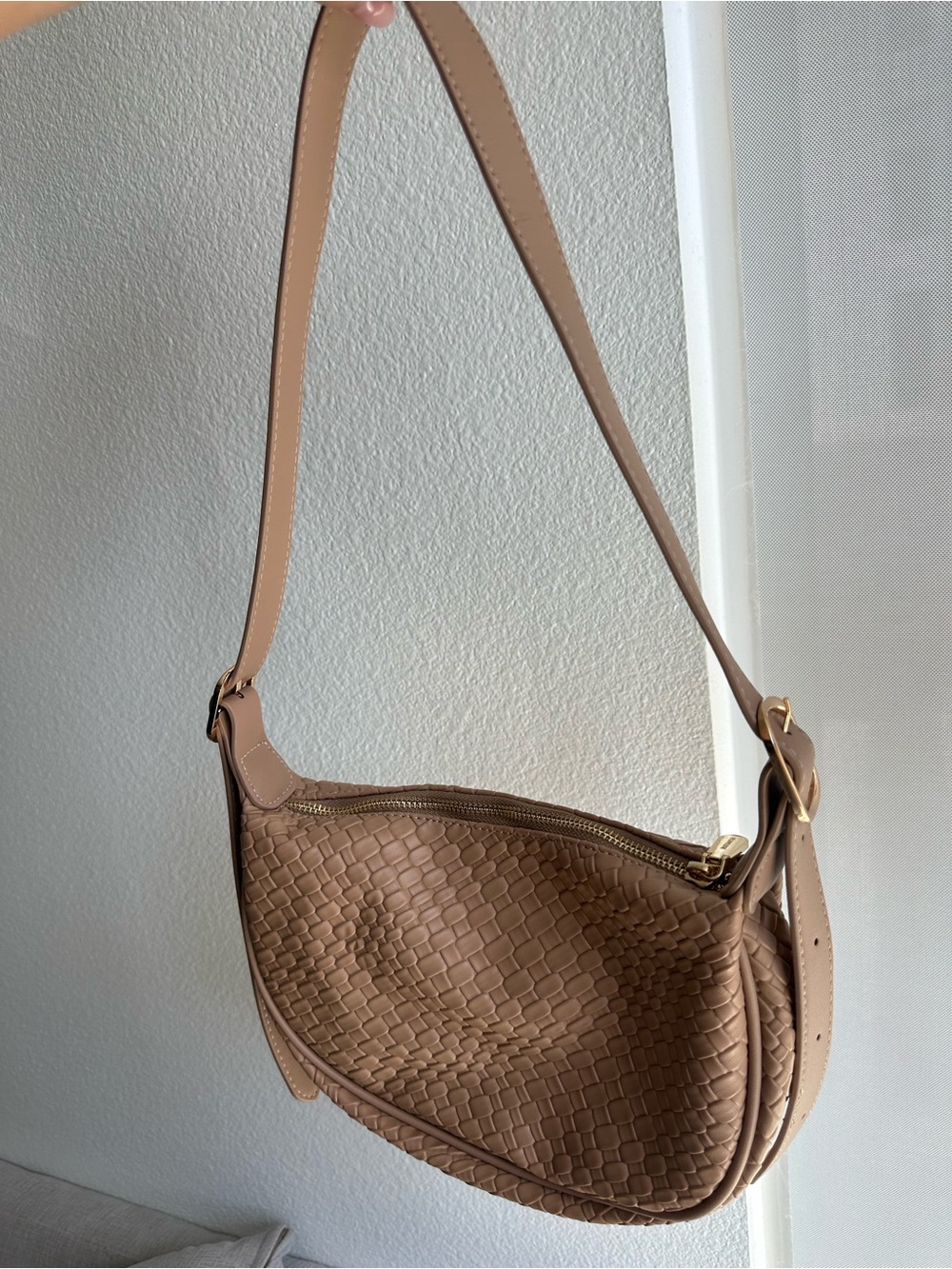 Bostanten Woven Crescent Shoulder Crossbody Bag in Tan